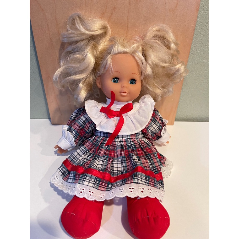 Vintage Simba Baby Doll Kids Blonde
Blue Open Close Eyes Red White Plaid Dress